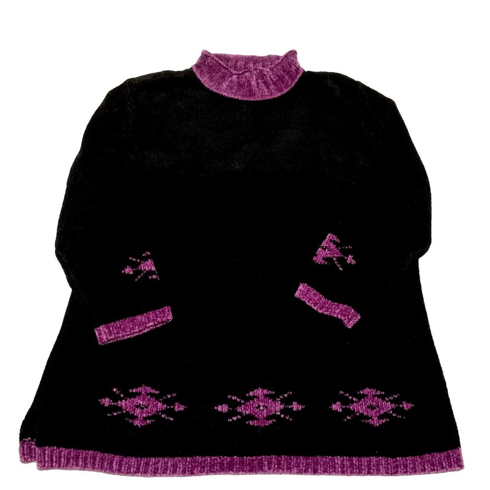 Vintage Denim & Co Chenille Sweater Tunic Black Purple Mock Neck Plus 1X 90s